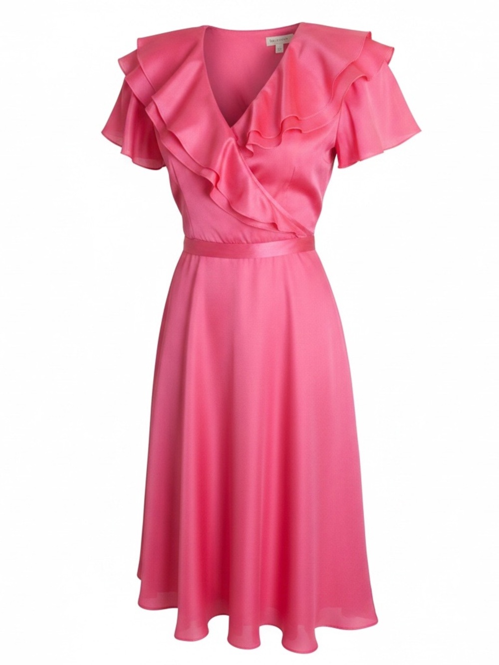 Vintage 1980s Joy Stevens Collection Pink Ruffle Midi Dress Flutter Sleeve sz S